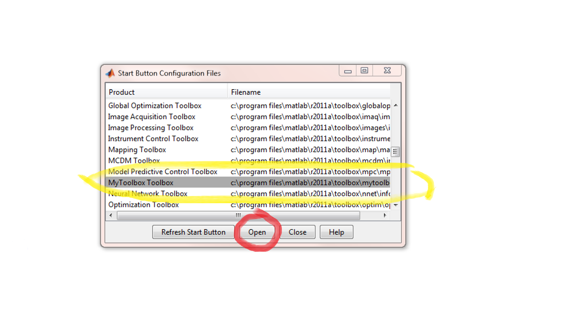 Start Button Configuration Files Dialogue Box- Matlab Toolbox