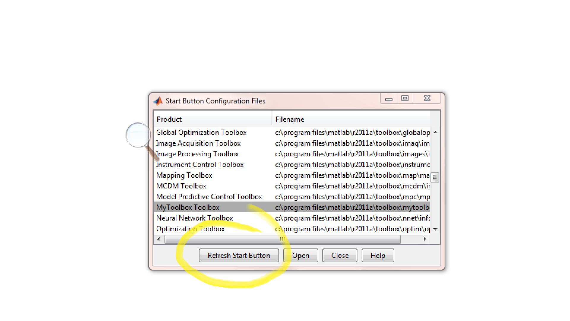 Start Button Configuration File Dialogue Box- Matlab Toolbox